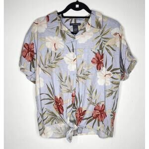 Chelsea & Theodore Shirt Womens Large Blue Floral Linen Blend Button Tie Front